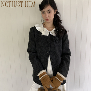 花筏NOTJUSTHIM《伦敦手信》黑灰斜纹羊毛混纺小香风西装外套