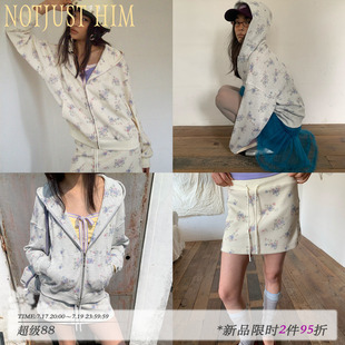 花筏NOTJUSTHIM 碎花华夫格连帽卫衣外套罗纹腰头半裙套装
