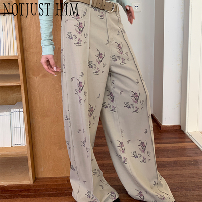 花筏NOTJUSTHIM复古插画花朵满印花阔腿长西裤
