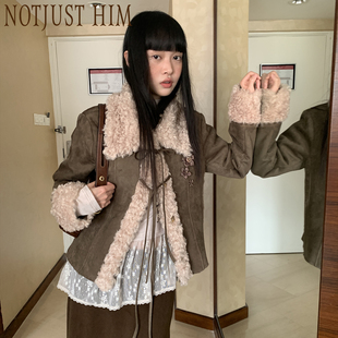 花筏NOTJUSTHIM 立体手工花朵麂皮拼接毛毛领外套