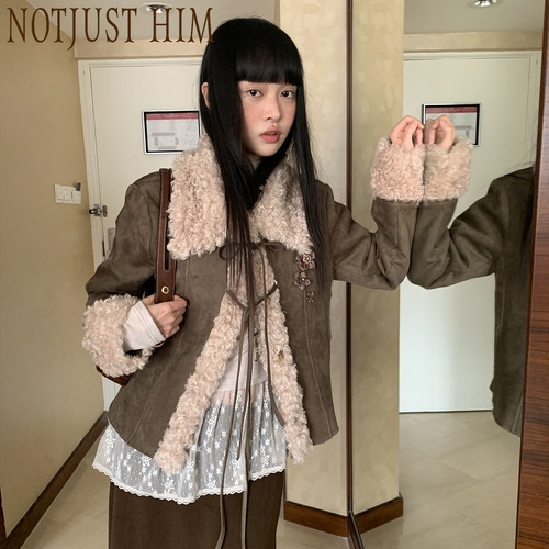 花筏NOTJUSTHIM 立体手工花朵麂皮拼接毛毛领外套
