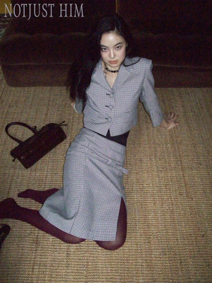 花筏NOTJUSTHIM复古蝴蝶结细密千鸟格翻驳领西服高级感通勤套装