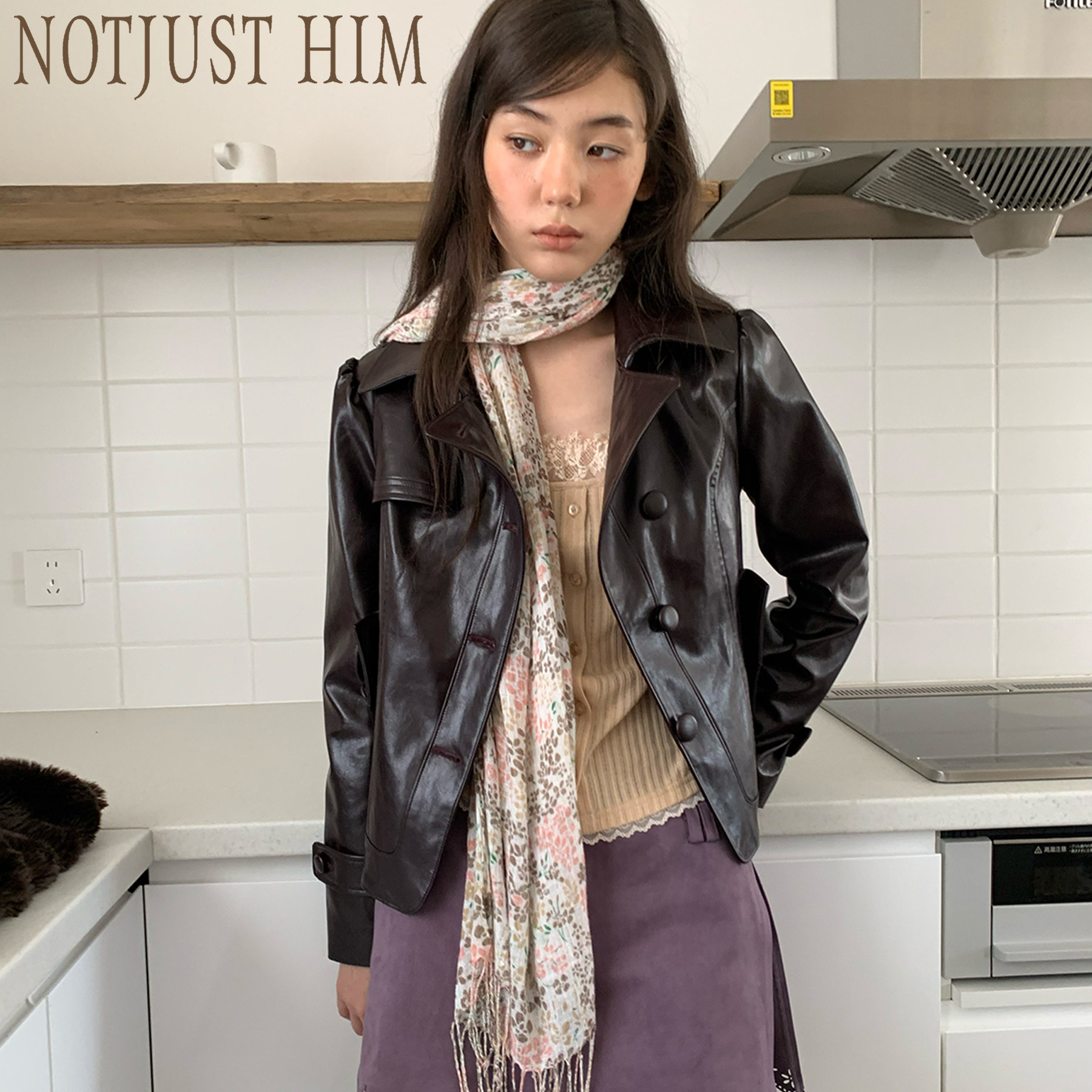 花筏NOTJUSTHIM 乌木棕油蜡光泽翻领正肩修身短款环保皮衣夹克图片