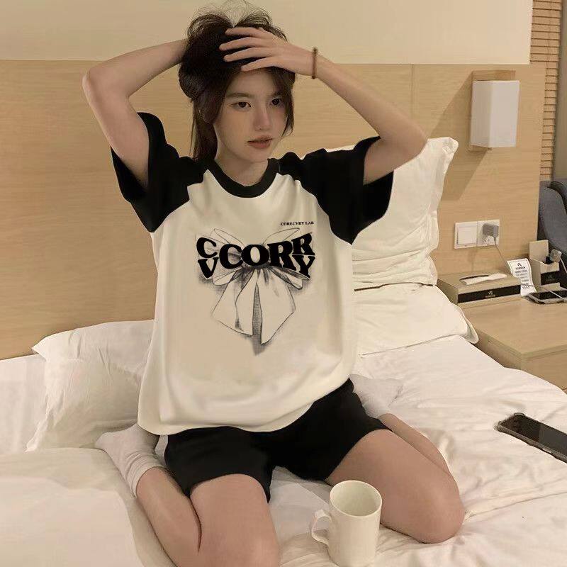 可爱风字母印花短袖T恤女撞色设计感上衣学生休闲五分裤两件套ins