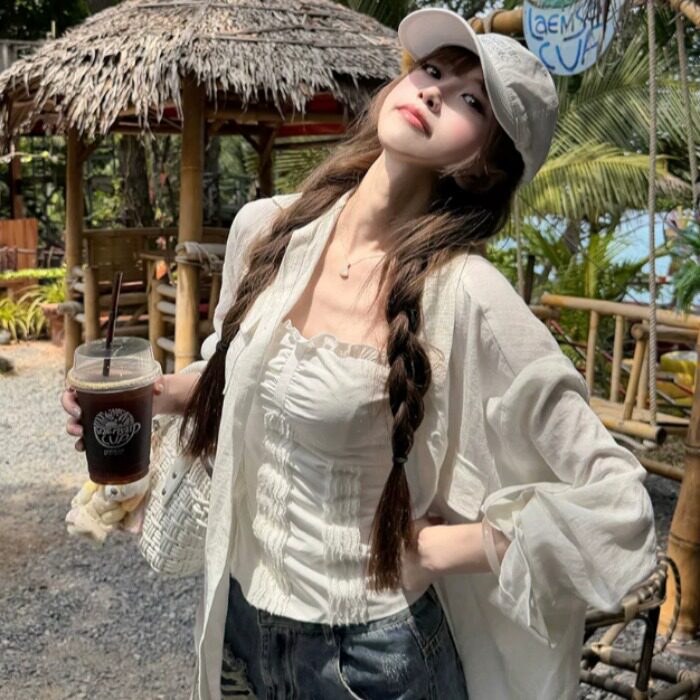 白色长袖防晒衬衫女2026年新款夏季薄款宽松外套开衫上衣中长款潮