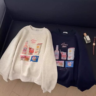 大码撞色圆领女装饮料印花卫衣女新款宽松卡通秋冬加绒外套女上衣