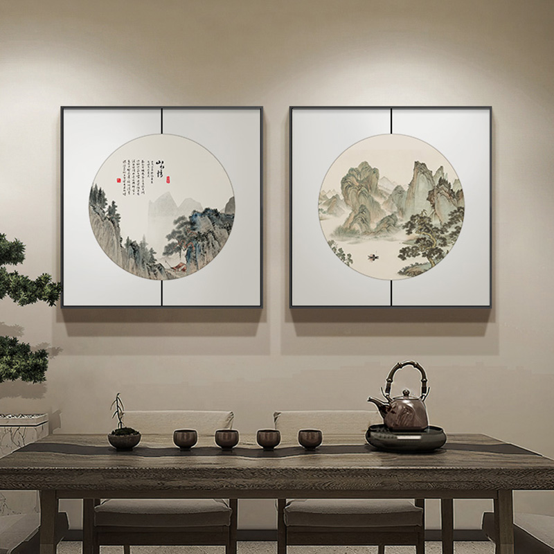 迎客松餐厅挂画新中式方形饭店包厢玄关装饰画茶室禅意山水墨壁画图片