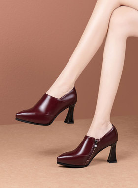 8cm头层牛皮欧美深口单鞋女气质高跟鞋尖头粗跟时尚红色皮鞋10cm