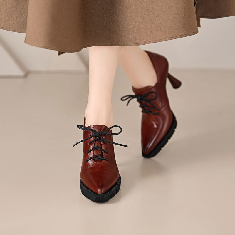 8.9cm头层牛皮深口单鞋女欧美风尖头系带时尚百搭皮鞋显瘦高跟鞋,女鞋,深口单鞋,淘宝优惠券,粉丝福利购,淘宝优惠卷