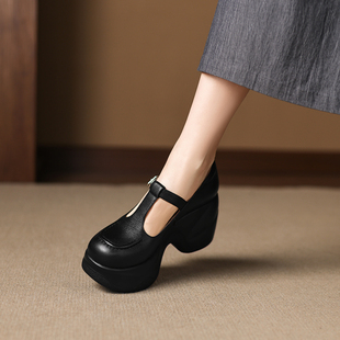高跟小个子增高皮鞋 时尚 女黑色坡跟厚底丁字扣带女鞋 9cm真皮单鞋