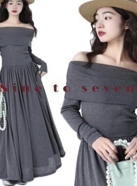 NTS97 2024秋小众设计感弹力一字肩长袖连衣裙长裙