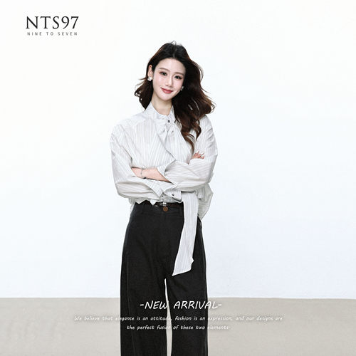 NTS97 通勤竖条纹长袖衬衫女飘带领设计感小众衬衫