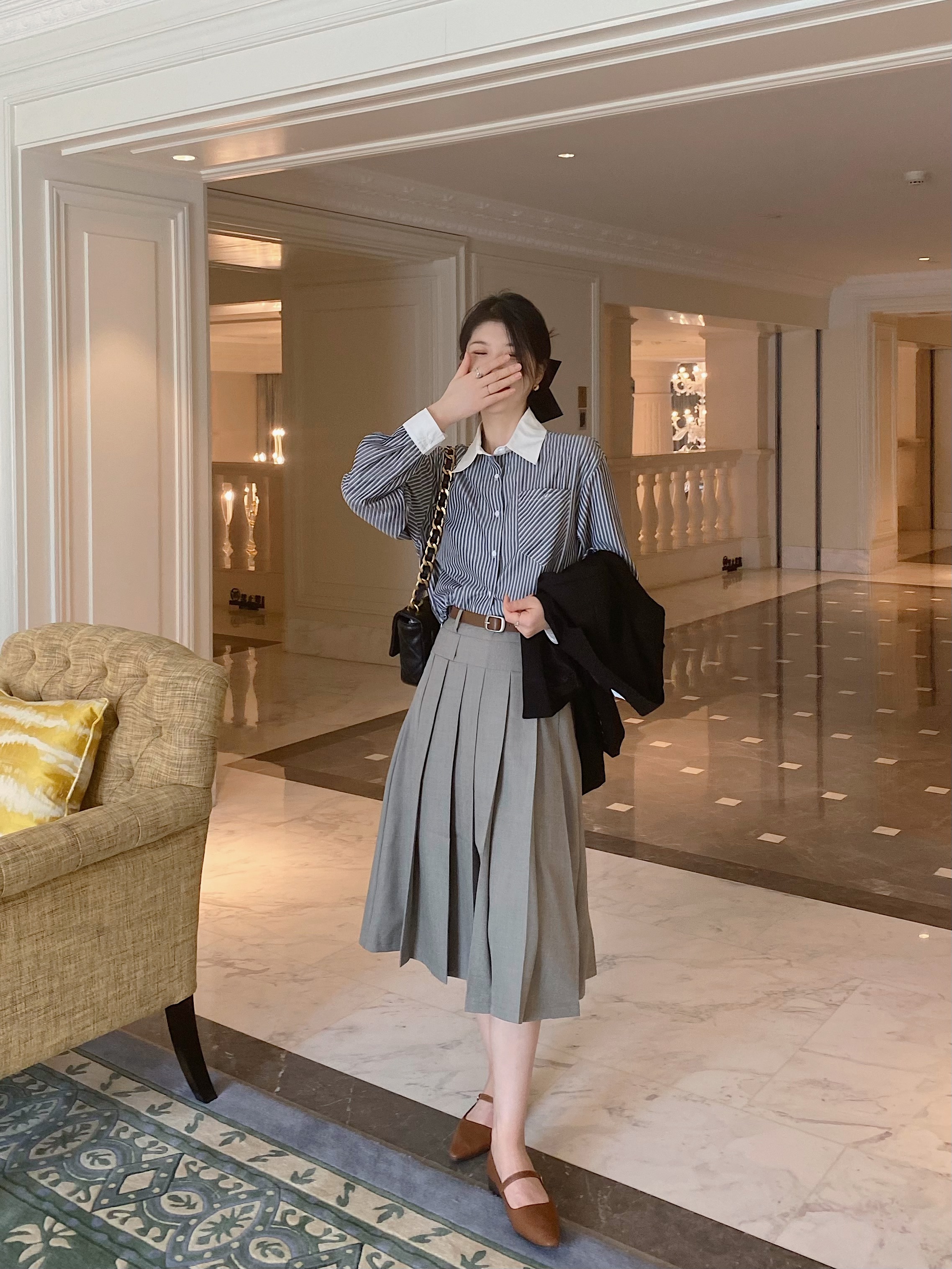 两色高腰双皮带学院风百褶半身裙