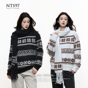NTS97 双色费尔岛带围巾针织毛衣 经典