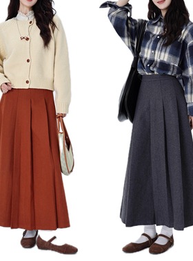 NTS97 2024秋高腰简约高级百褶松紧呢料冬季半身裙长裙