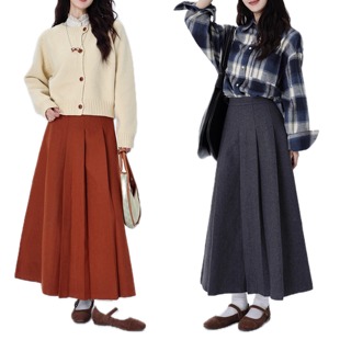 NTS97 半身裙长裙 2024秋高腰简约高级百褶松紧呢料冬季