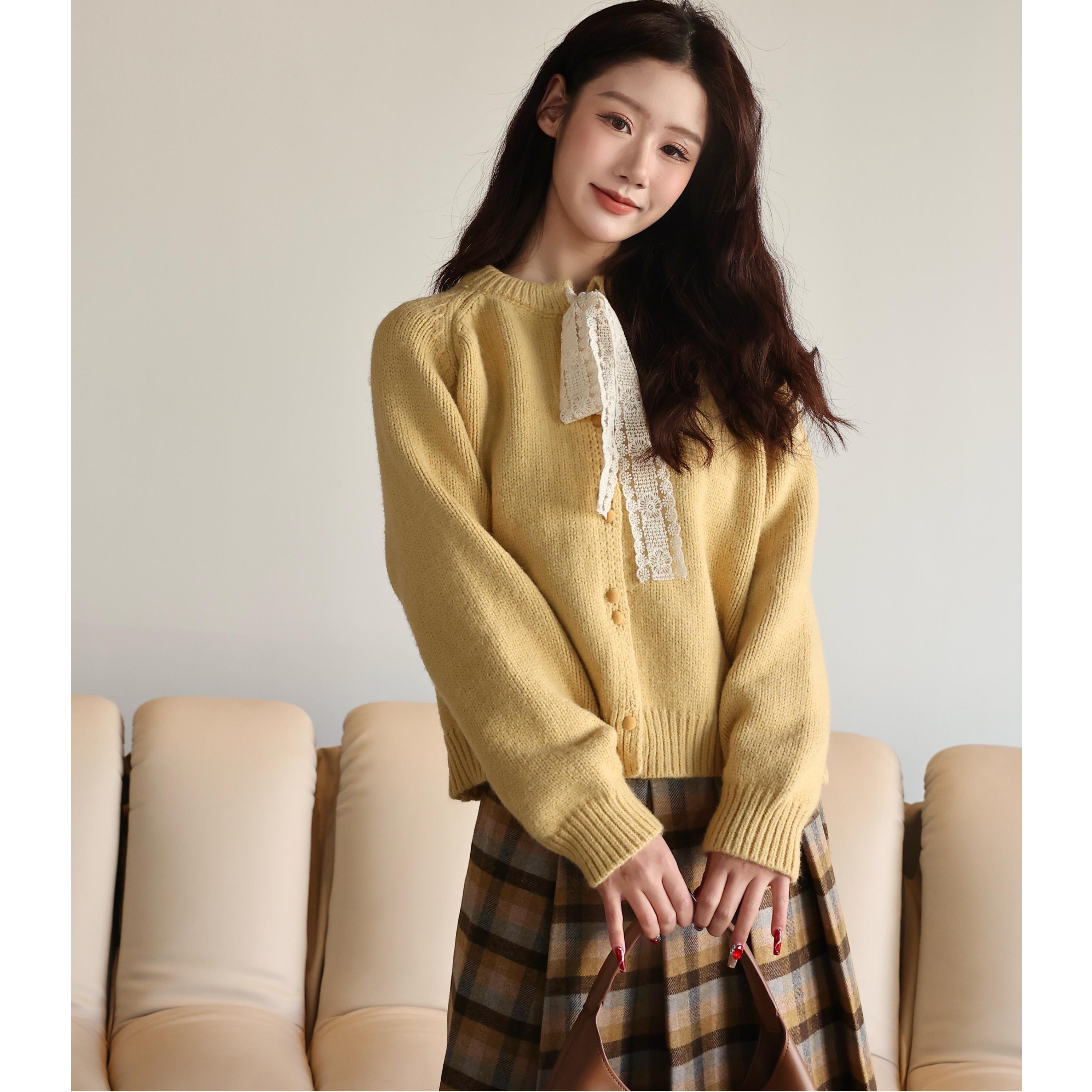 复古森系蕾丝系带厚毛衣开衫上衣