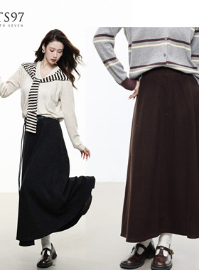 NTS97 秋冬新款系带呢料a字半身裙长裙