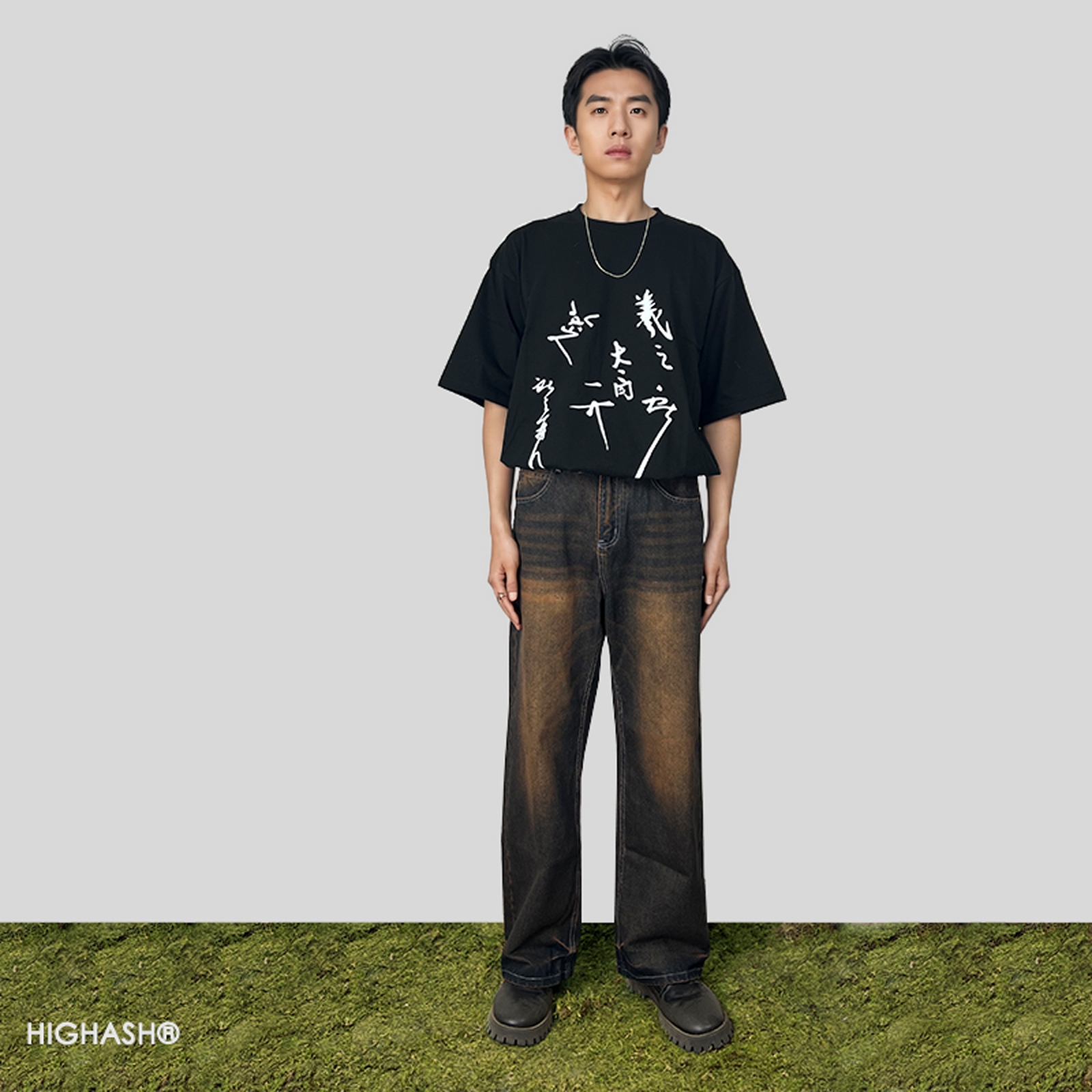 小众黄泥砂洗水黑褐色纹理直筒微宽松牛仔裤HIGHASH高级灰