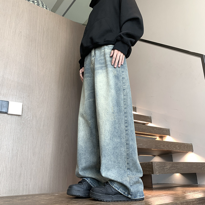 牛仔裤男女宽松直筒裤春秋季2025复古潮牌长裤拖地裤做旧加长裤子