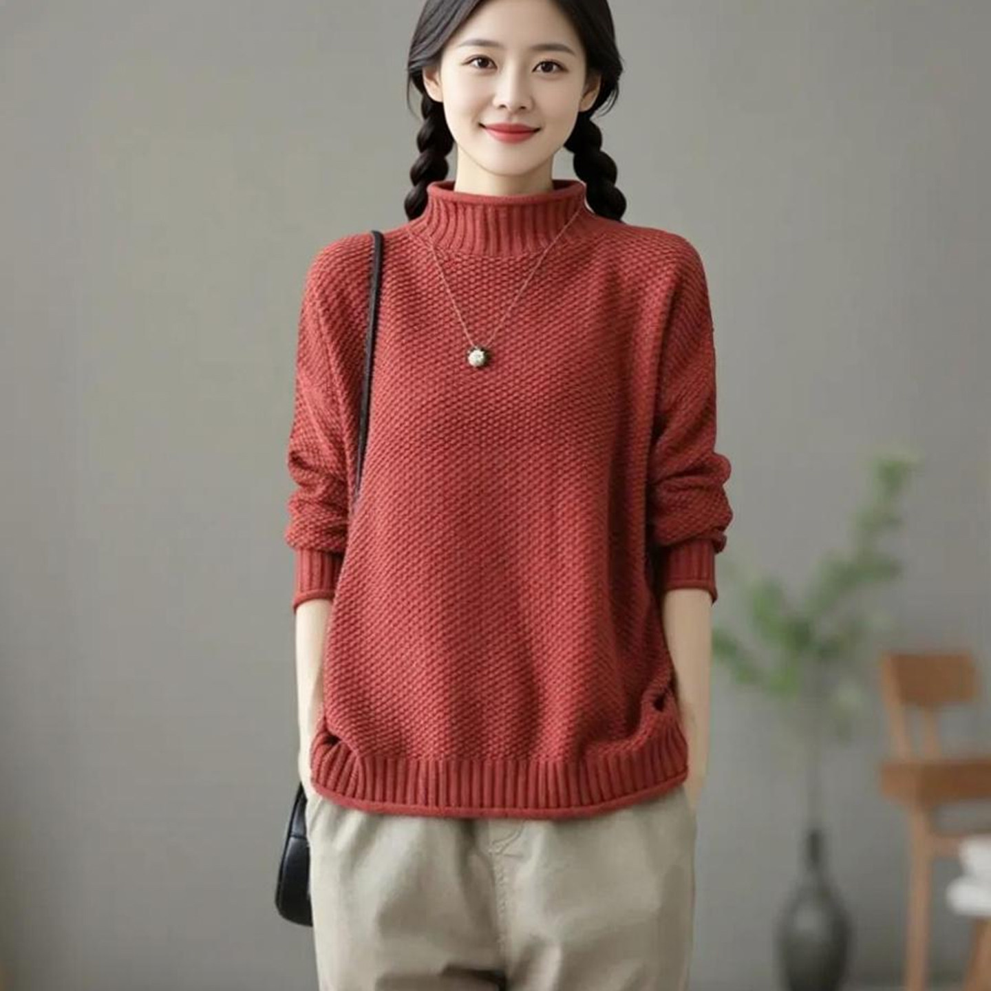 秋冬大码宽松半高领针织衫毛衣女