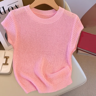 夏季薄款镂空圆领针织衫高级感甜美气质粉色修身短袖T恤打底上衣
