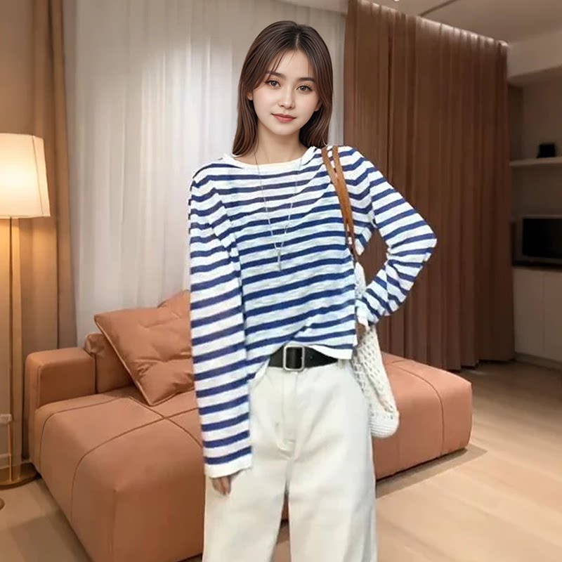 撞色条纹长袖T恤女新款爆款上衣