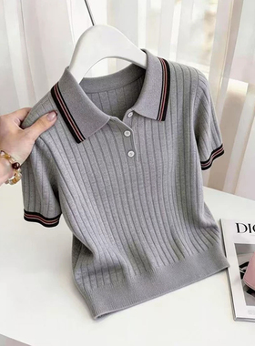 夏季新款韩版灰色针织polo领短袖洋气通勤百搭时尚显瘦针织衫t恤