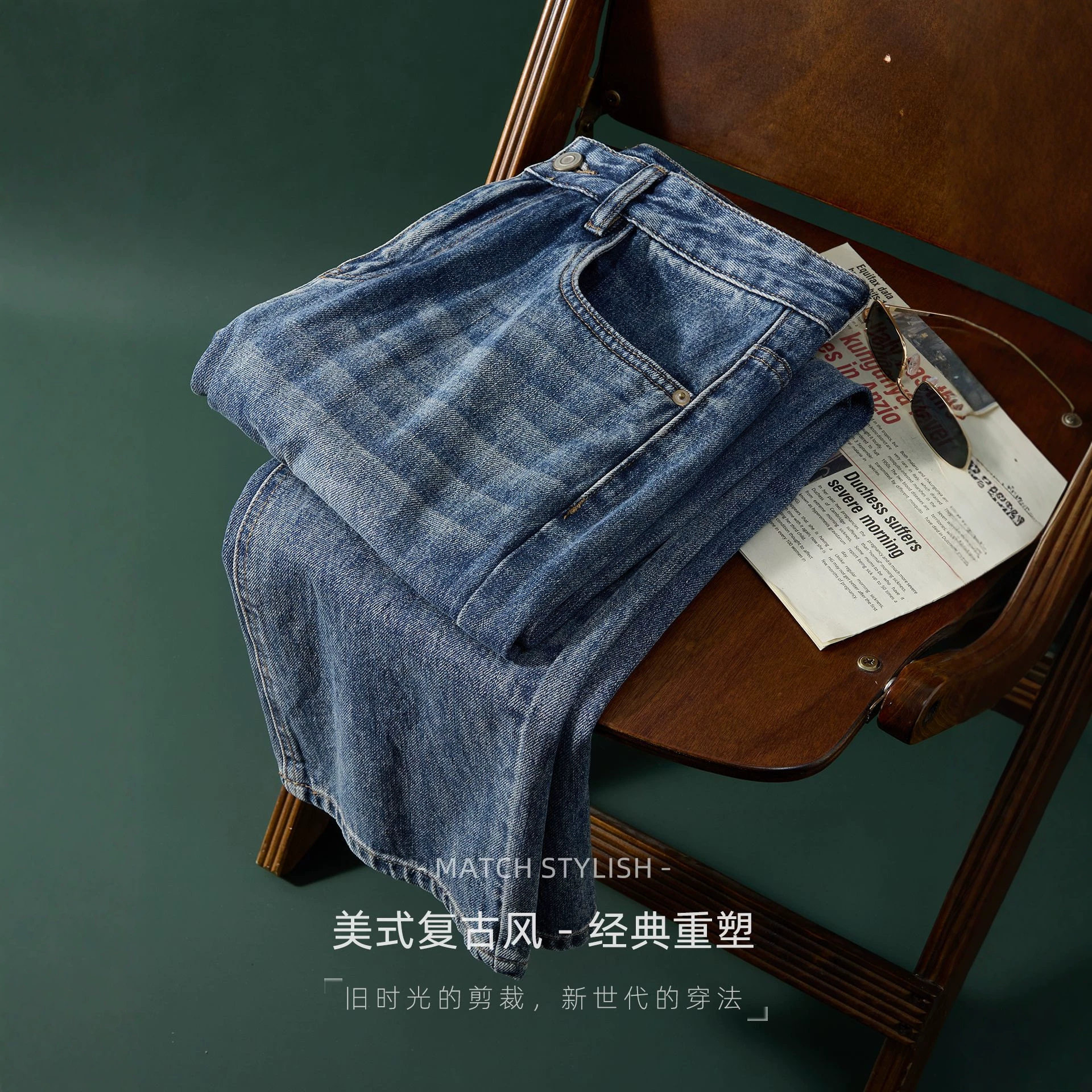 都市通勤！做旧水洗蓝色直筒牛仔裤男士质感休闲排汗透气微阔长裤