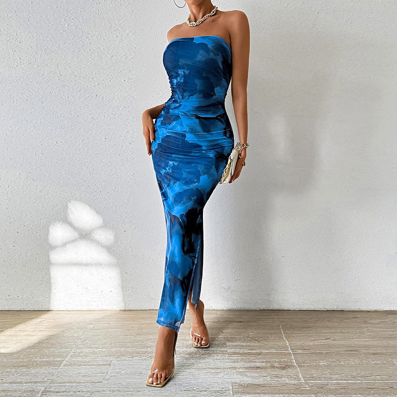 亚马逊批发跨境性感抽象印花抹胸长款露背无袖连衣裙 PG4141