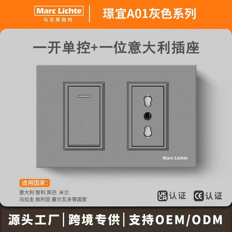 118型灰色一开单控灯制开关带16A意式圆三柱孔墙壁插座意大利电源
