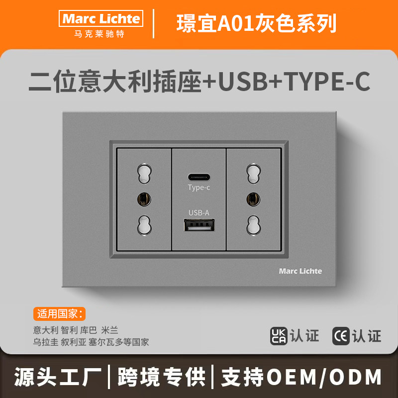 118型意标灰色二位16A圆三孔带USB+Type-C充电暗装意大利电源插座