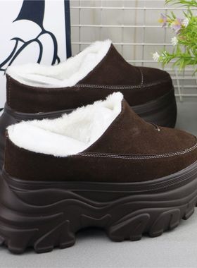 增高12cm小个子增高半拖鞋女厚底松糕休闲黑色拖鞋一脚蹬懒人秋冬