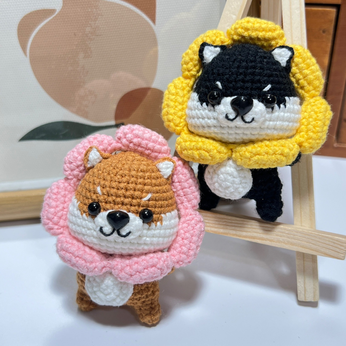 创意手工钩织向日葵黑柴犬钥匙扣 可爱毛线编织小狗包挂件成品