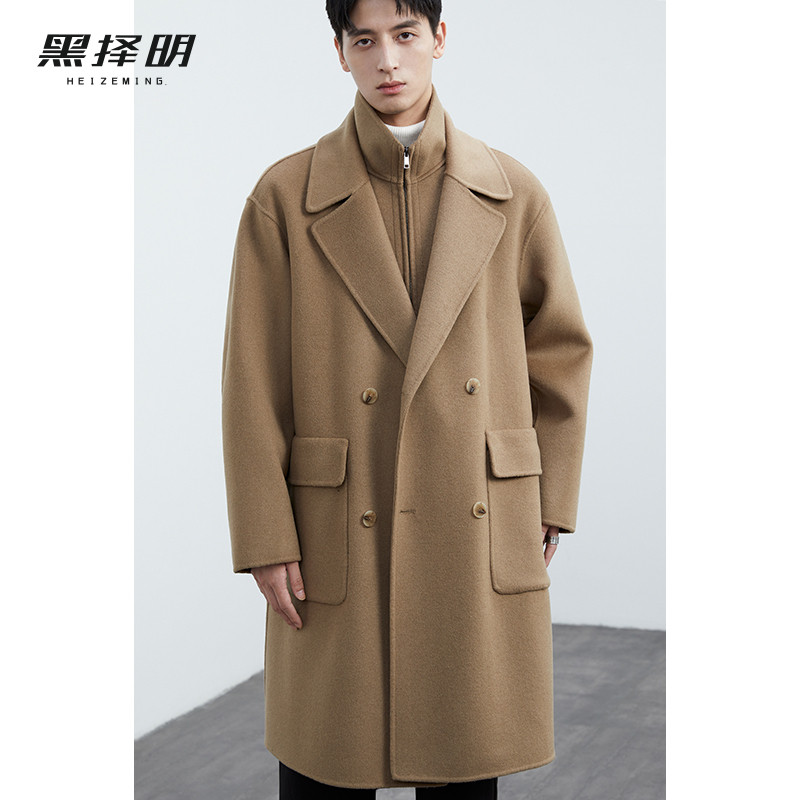 双面羊毛大衣男士秋冬季新款设计感假两件宽松高端中长款毛呢外套