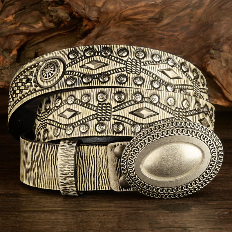 复古植鞣皮压花皮带男头层牛皮板扣裤带硬牛皮摇滚风金属铆钉腰带