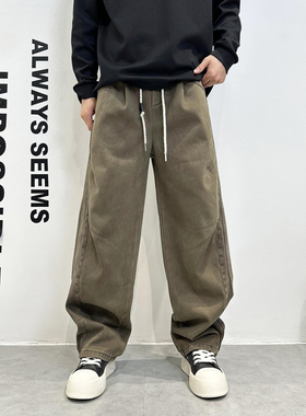 2025秋冬新款加绒加厚宽松直筒休闲裤男潮流痞帅弯刀长裤时尚男款