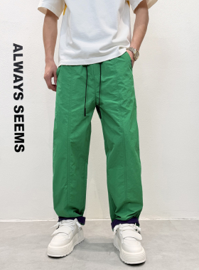 速干简约百搭简约运动风宽松直筒休闲裤男绿色阔腿裤痞帅百搭长裤