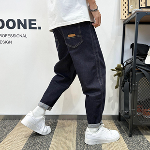 2024简约风挽边九分小直脚裤 男秋冬阔腿宽松哈伦裤 蓝色牛仔裤 经典