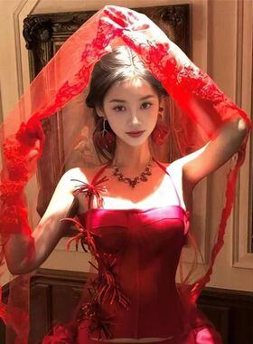 法式复古蕾丝花边头纱新娘
