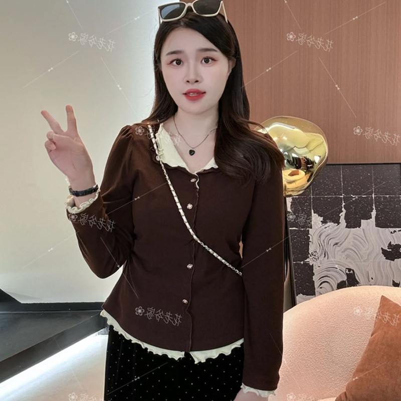 大码女装春秋2025新款胖MM显瘦拼接木耳花边气质翻领长袖T恤上衣