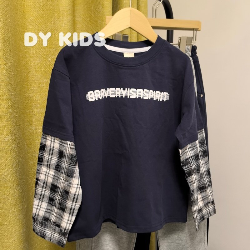 宋大牙 2026春季款韩版字母格子假两件棉长袖T恤宽松百搭男孩童装,童装/婴儿装/亲子装,T恤,淘宝优惠券,粉丝福利购,淘宝优惠卷