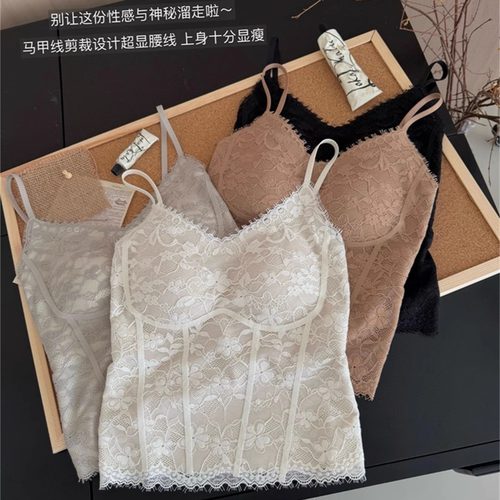 法式蕾丝吊带背心内衣女带胸垫