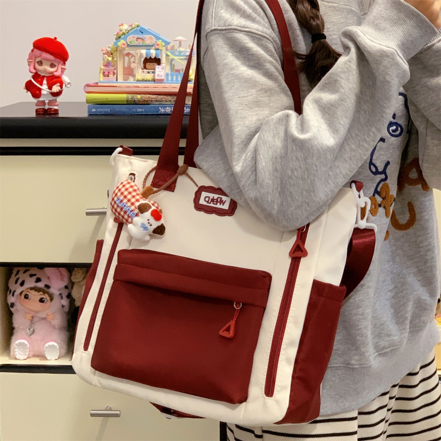 学院风简约拼色单肩包学生大容量上课手提补习袋通勤百搭斜挎包女