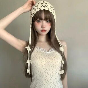 波西米亚手工针织花朵流苏包头帽民族风镂空钩花帽子云南头巾百搭