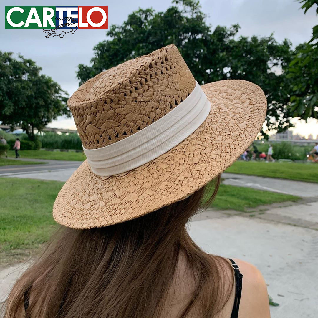 韩版度假大檐帽草帽女百搭纸草绑带平顶防晒遮阳帽休闲户外太阳帽