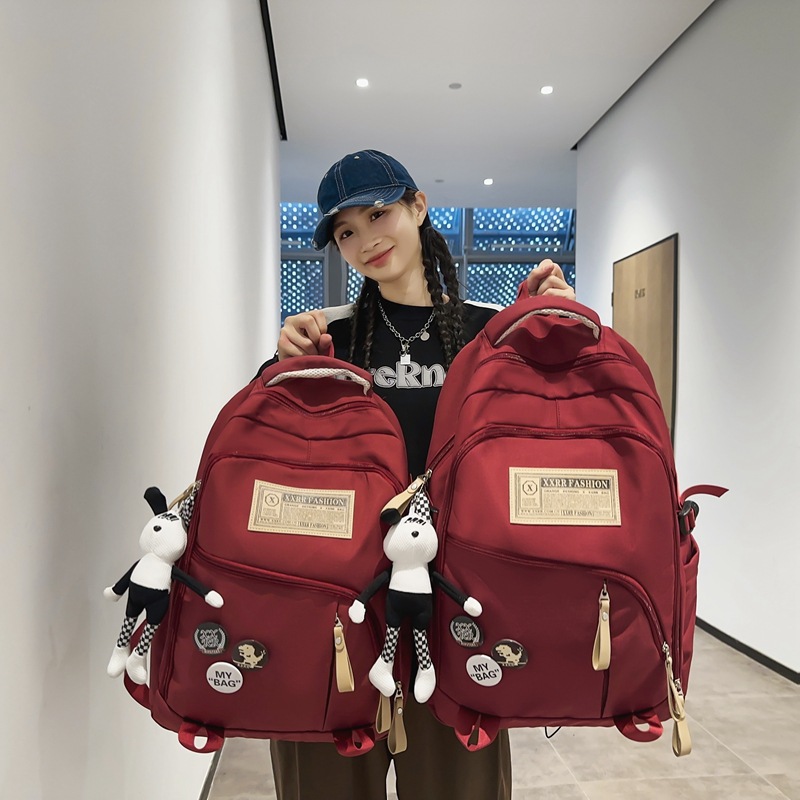 新款书包女大容量酒红色初高中学生双肩包潮流大学生双肩背包