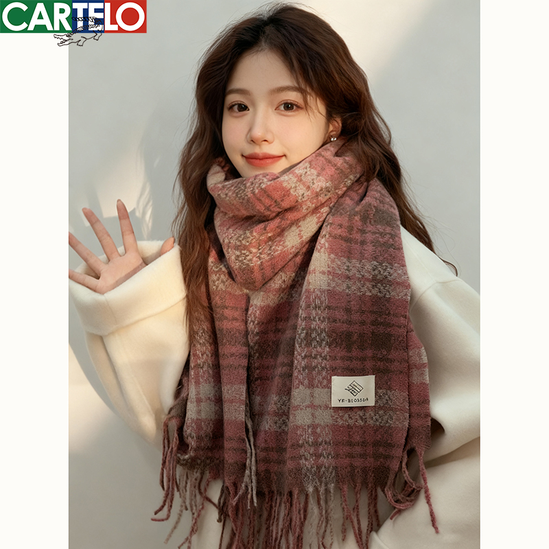 粉色格子围巾冬天女新款针织围脖