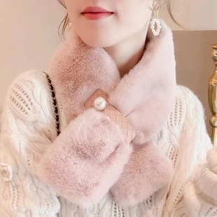 仿兔毛围脖女护颈秋冬季高级感2024新款百搭加厚保暖毛绒粉色围巾
