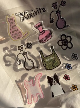 韩式简约ins风原创滴胶透明果冻可爱卡通小动物宠物包包花花贴纸